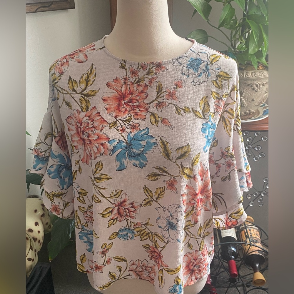 Halogen Multicolor Floral Blouse with Ruffle Sleeves